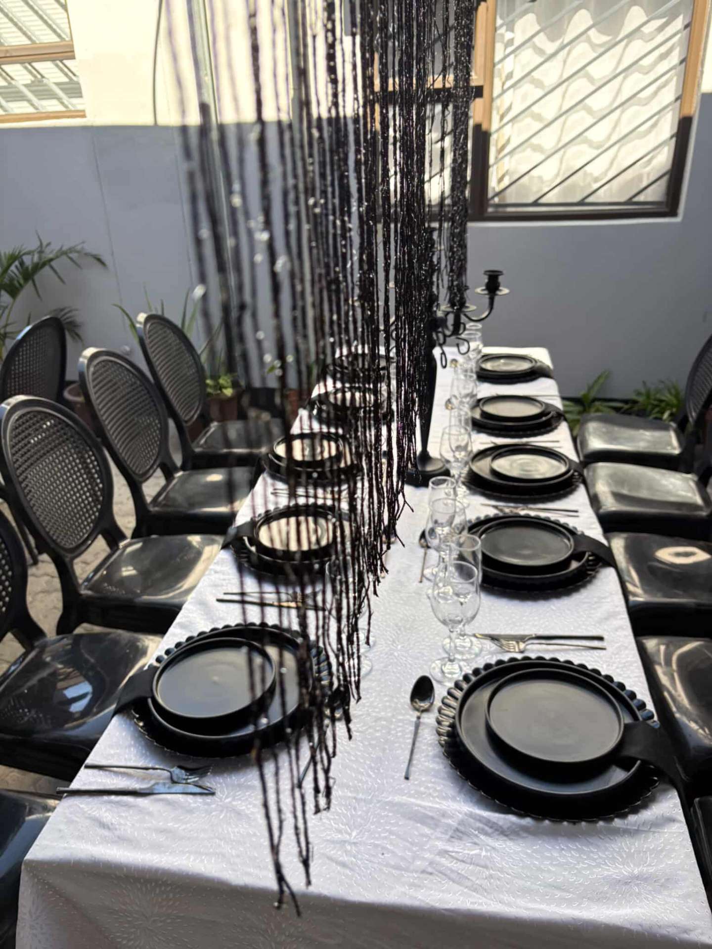 Black-and-white event table setup